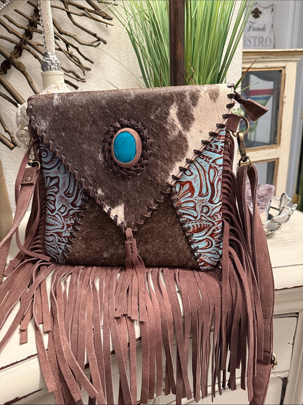 Boho Brown Fringe Crossbody Bag with Turquoise Stone Accent